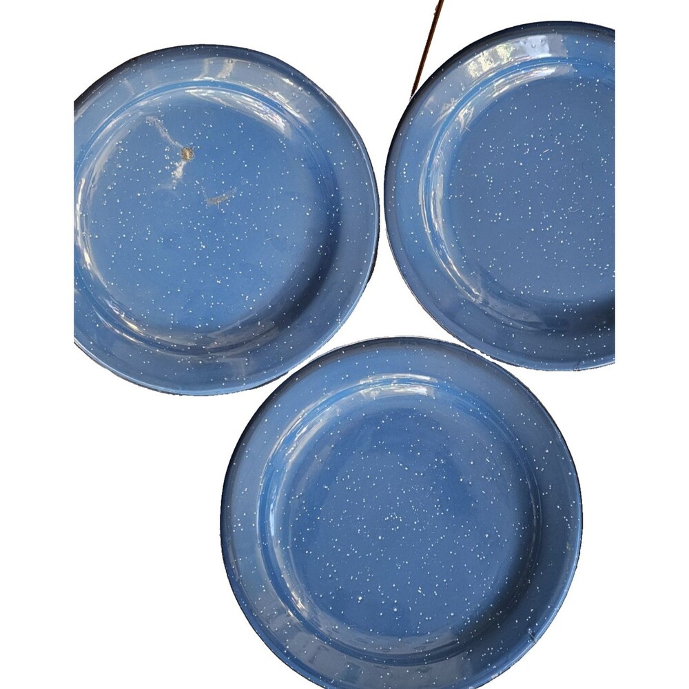 Vintage Enamelware Blue And White Speckled Plates 10 1/4” Set Of 6 *See Chip - Picture 5 of 7
